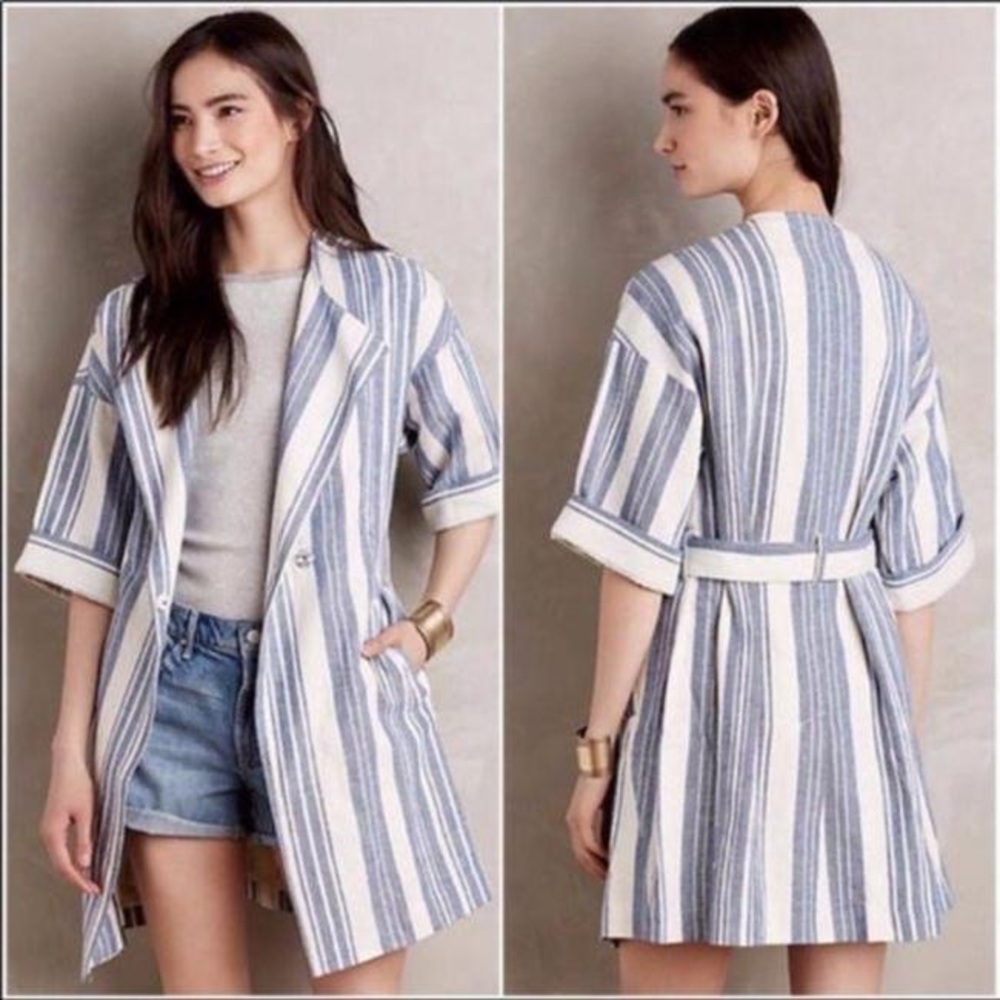 Anthropologie Elevenses Linen North Channel Stripes Jacket Kimono Longline